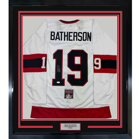 Framed Autographed/Signed Drake Batherson 35x39 Ottawa White Hockey Jersey JSA COA