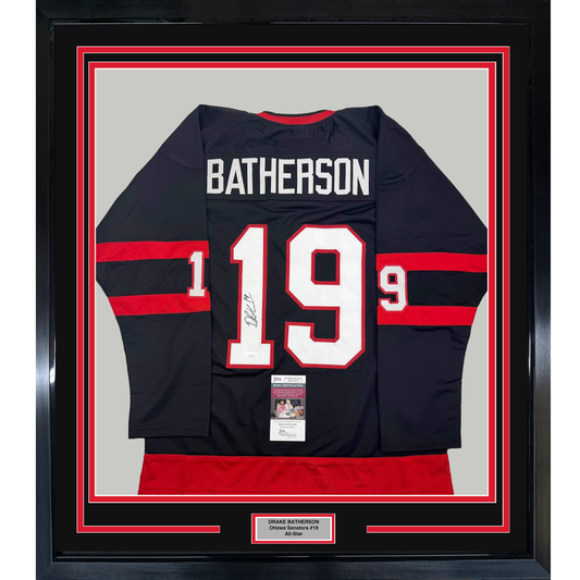 Framed Autographed/Signed Drake Batherson 35x39 Ottawa Black Hockey Jersey JSA COA