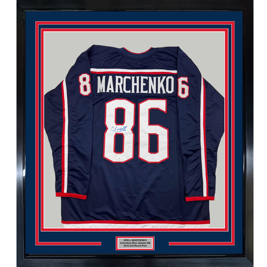 Framed Autographed/Signed Kirill Marchenko 35x39 Columbus Blue Hockey Jersey JSA COA