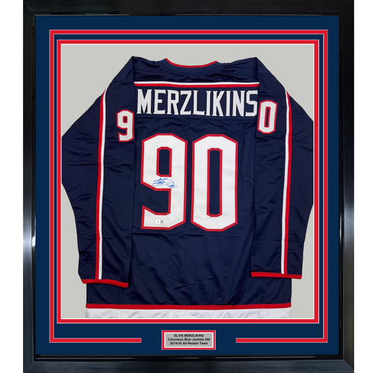 Framed Autographed/Signed Elvis Merzlikins 35x39 Columbus Blue Hockey Jersey Beckett BAS COA