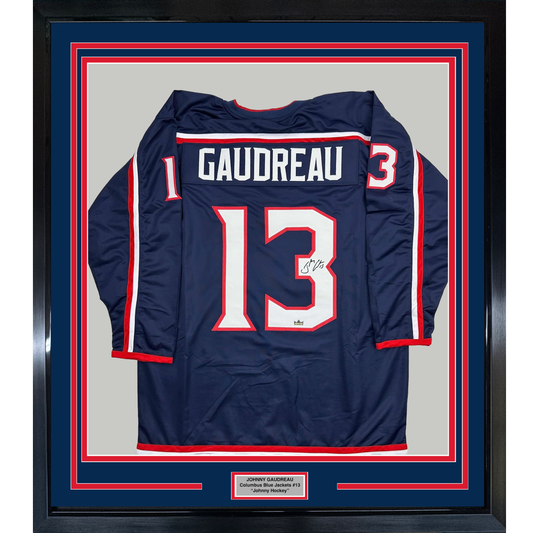 Framed Facsimile Autographed Johnny Gaudreau 35x39 Columbus Blue Reprint Laser Auto Hockey Jersey