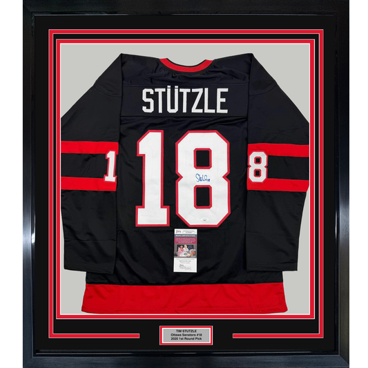 Framed Autographed/Signed Tim Stutzle 35x39 Ottawa Black Hockey Jersey JSA COA