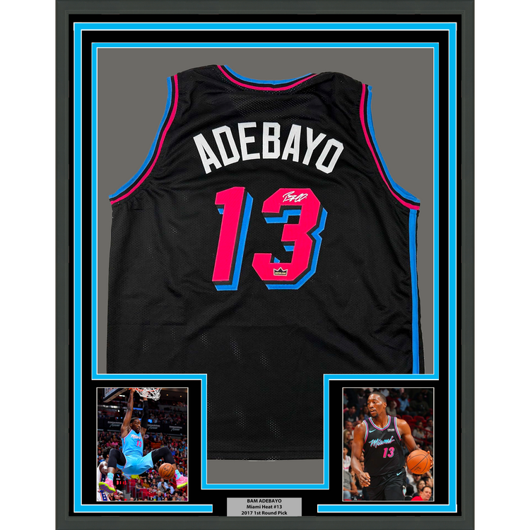 Framed Facsimile Autographed Bam Adebayo 35x39 Miami Black Vice City Reprint Laser Auto Basketball Jersey
