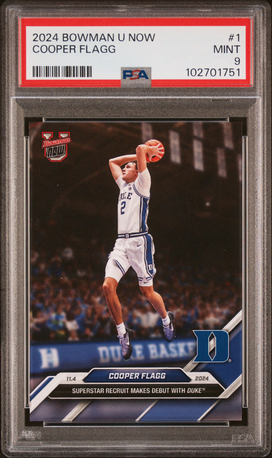 Graded 2024 Topps Bowman U Now Cooper Flagg #1 Superstar Recruit Makes Debut With Duke Rookie RC Basketball Card PSA 9 Mint