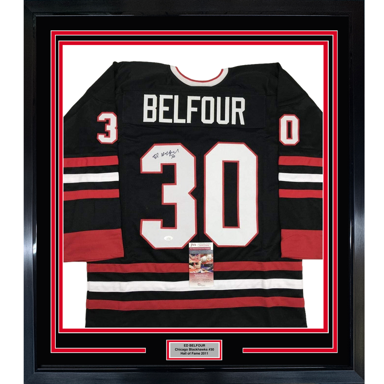 Framed Autographed/Signed Ed Belfour 35x39 Chicago Black Hockey Jersey JSA COA
