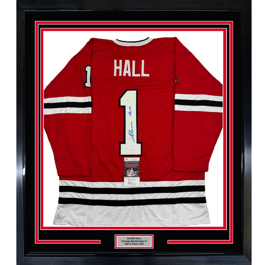 Framed Autographed/Signed Glenn Hall 35x39 Chicago Red Hockey Jersey JSA COA