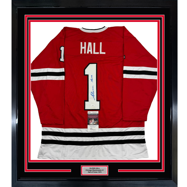 Framed Autographed/Signed Glenn Hall 35x39 Chicago Red Hockey Jersey JSA COA