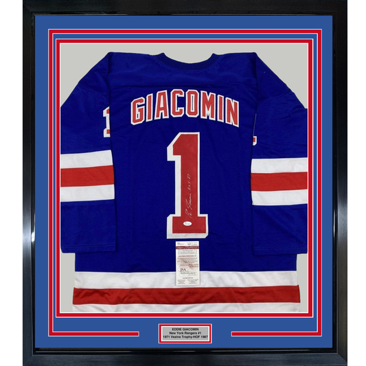 Framed Autographed/Signed Eddie Giacomin HOF 87 35x39 New York Blue Hockey Jersey JSA COA