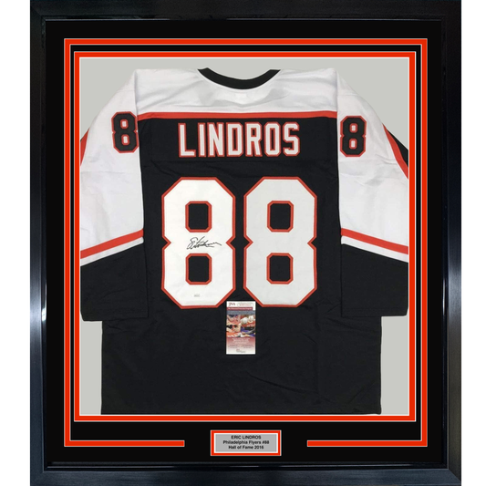 Framed Autographed/Signed Eric Lindros 35x39 Philadelphia Black Hockey Jersey JSA COA