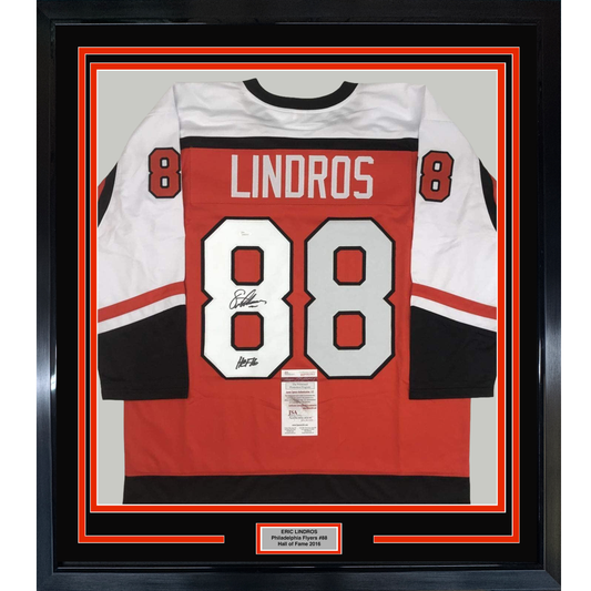 Framed Autographed/Signed Eric Lindros HOF 16 35x39 Philadelphia Orange Hockey Jersey JSA COA