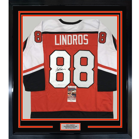 Framed Autographed/Signed Eric Lindros 35x39 Philadelphia Orange Hockey Jersey JSA COA