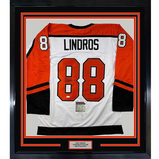 Framed Autographed/Signed Eric Lindros 35x39 Philadelphia White Hockey Jersey JSA COA