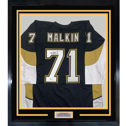Framed Autographed/Signed Evgeni Malkin 35x39 Pittsburgh Black Hockey Jersey Beckett BAS COA