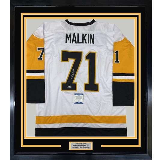 Framed Autographed/Signed Evgeni Malkin 35x39 Pittsburgh White Hockey Jersey Beckett BAS COA