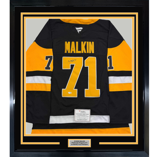 Framed Autographed/Signed Evgeni Malkin 35x39 Pittsburgh Penguins Authentic Black Hockey Jersey Fanatics COA