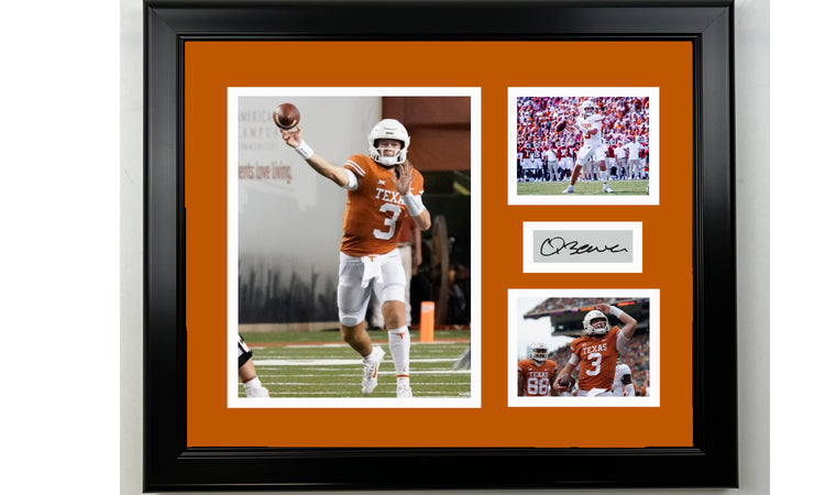 Framed Quinn Ewers Texas Longhorns Facsimile Laser Engraved Signature Football 14x11 3 Photo Collage