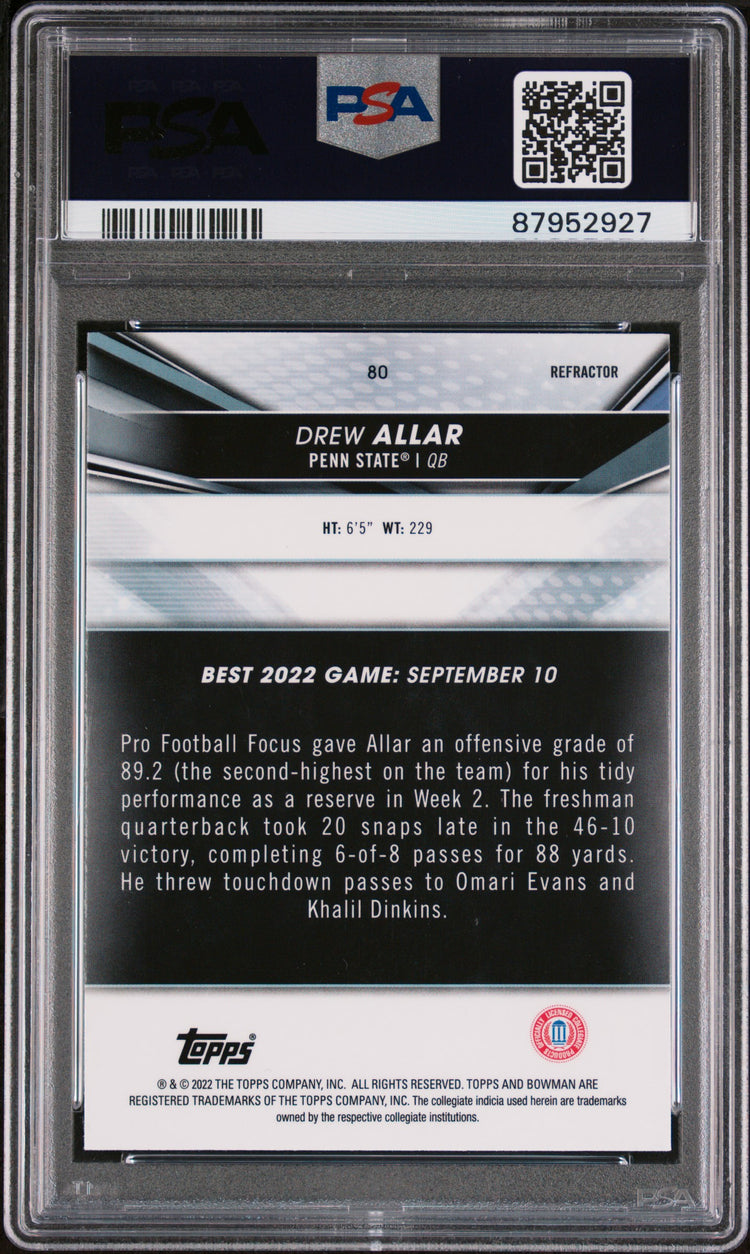 Graded 2022 Topps Bowman Best University Drew Allar #80 Refractor Rookie RC Football Card PSA 10 Gem Mint