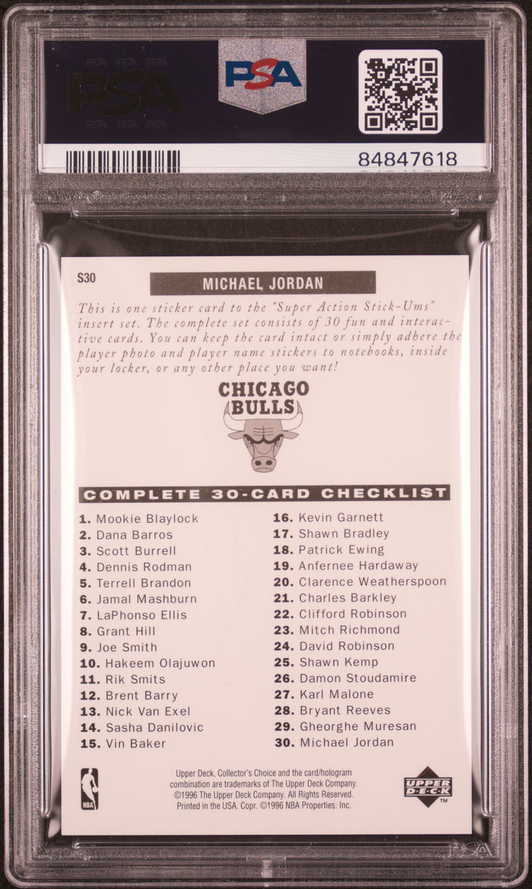Graded 1996 Upper Deck Collectors Choice Michael Jordan #S30 Stick Ums 1 Red Jersey Basketball Card PSA 10 Gem Mint