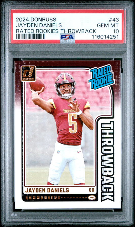 Graded 2024 Panini Donruss Jayden Daniels #43 Rated Rookies Throwback Rookie RC Football Card PSA 10 Gem Mint