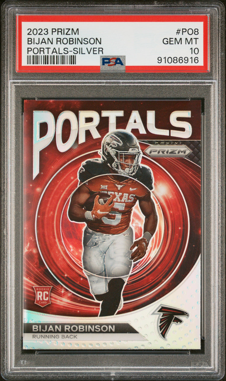 Graded 2023 Panini Prizm Bijan Robinson #PO8 Portals Silver Rookie RC Football Card PSA 10 Gem Mint
