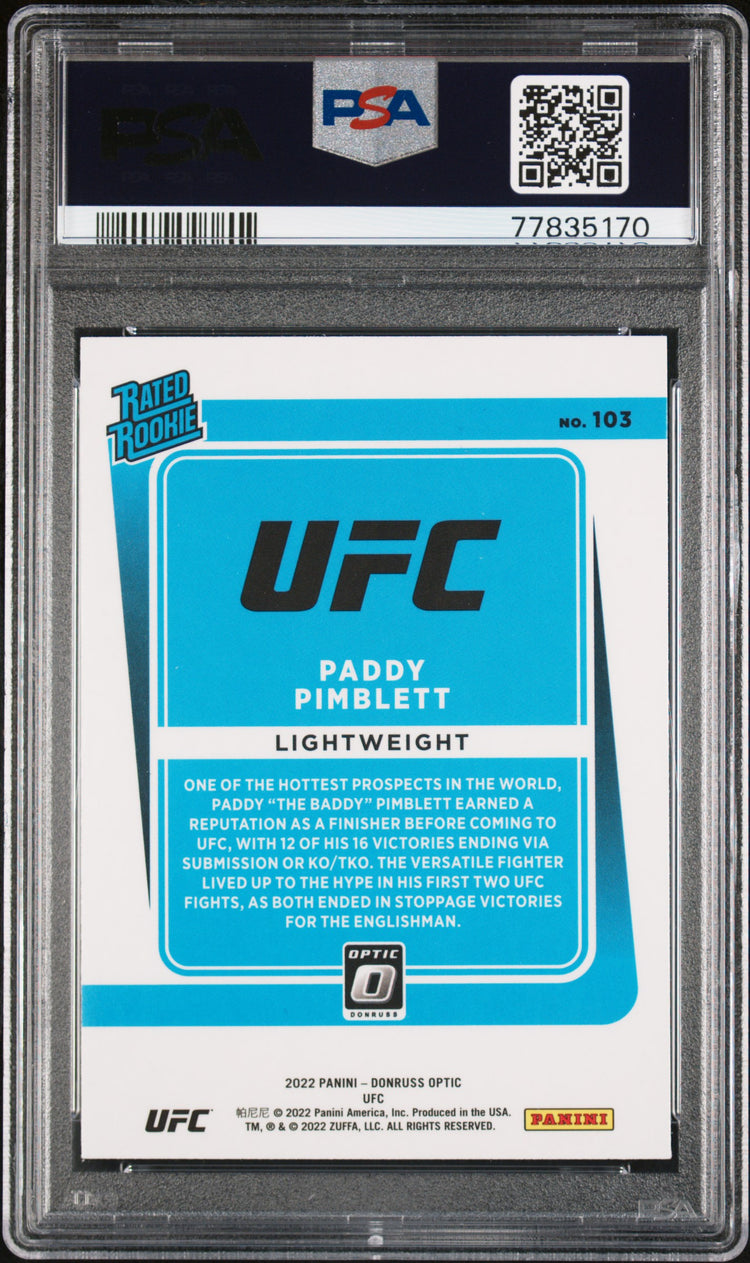 Graded 2022 Panini Donruss Optic UFC Paddy Pimblett #103 Rookie RC UFC MMA Card PSA 10 Gem Mint