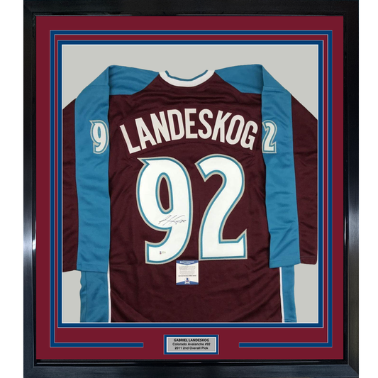 Framed Autographed/Signed Gabriel Landeskog 35x39 Colorado Maroon Hockey Jersey Beckett BAS COA