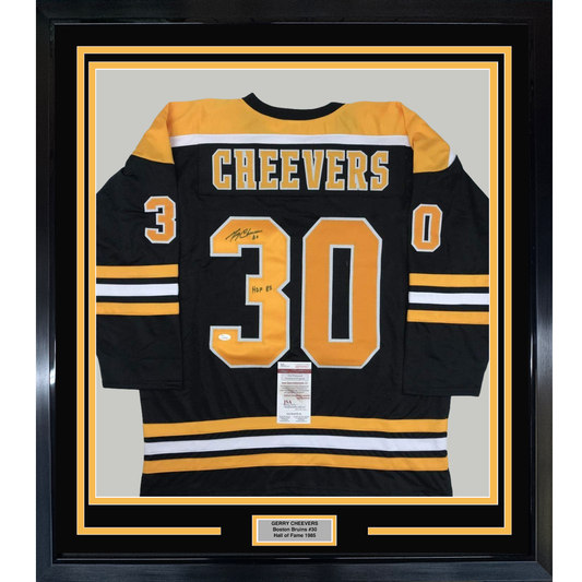 Framed Autographed/Signed Gerry Cheevers 35x39 Boston Black Hockey Jersey JSA COA