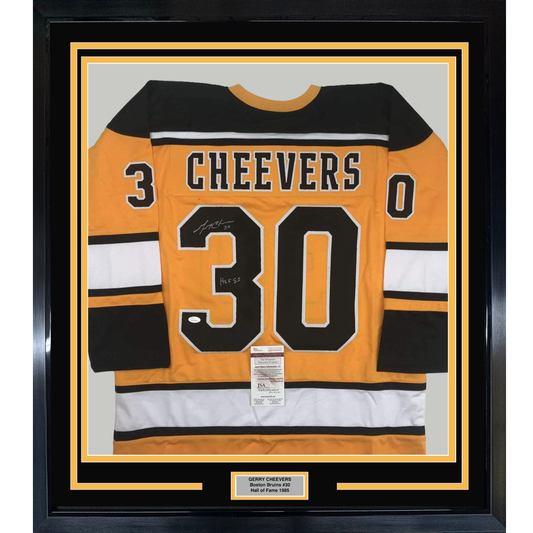 Framed Autographed/Signed Gerry Cheevers HOF 85 35x39 Boston Yellow Hockey Jersey JSA COA