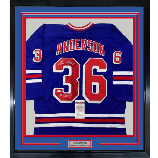 Framed Autographed/Signed Glenn Anderson 94 SC Champs 35x39 New York Blue Hockey Jersey JSA COA