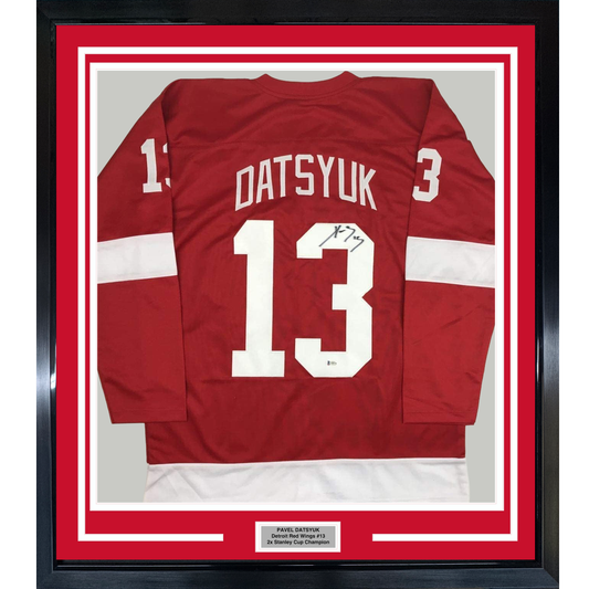Framed Autographed/Signed Pavel Datsyuk 35x39 Detroit Red Hockey Jersey Beckett BAS COA Holo Only