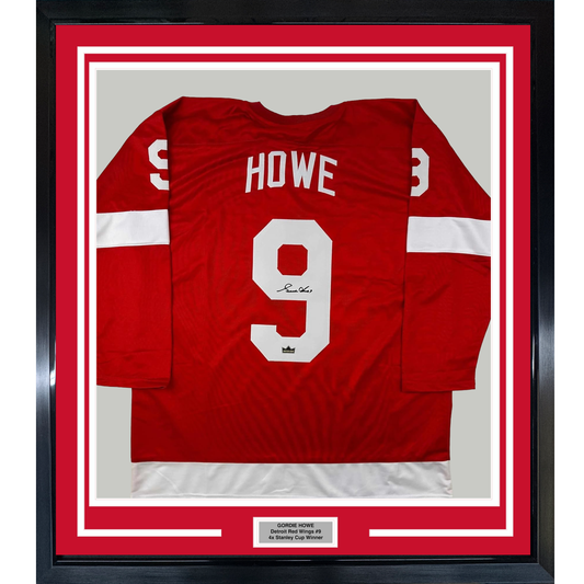 Framed Facsimile Autographed Gordie Howe 35x39 Detroit Red Reprint Laser Auto Hockey Jersey
