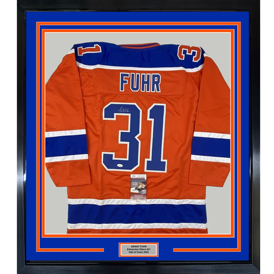 Framed Autographed/Signed Grant Fuhr 35x39 Edmonton Orange Hockey Jersey JSA COA