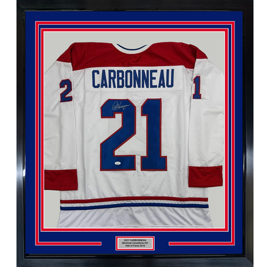Framed Autographed/Signed Guy Carbonneau 35x39 Montreal White Hockey Jersey JSA COA