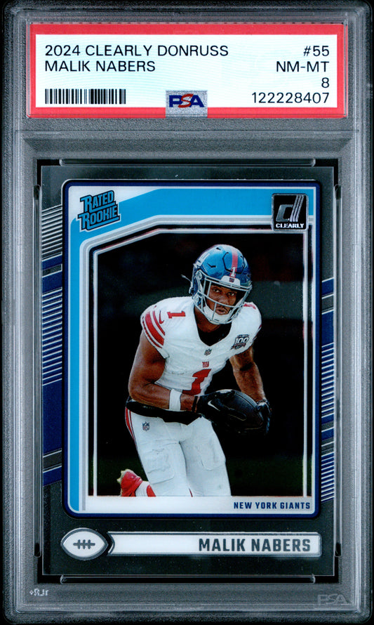 Graded 2024 Panini Clearly Donruss Malik Nabers #55 Rookie RC Football Card PSA 8 Near Mint