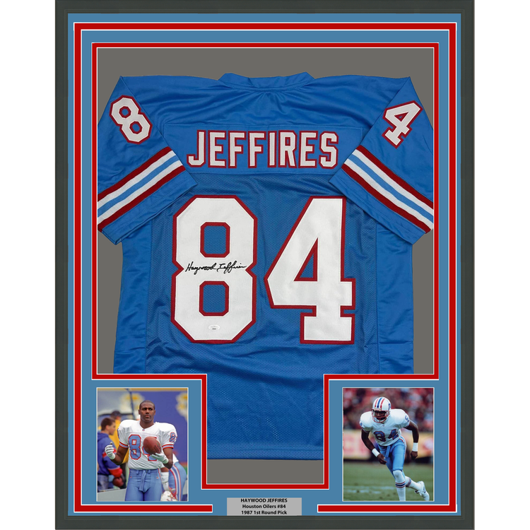 Framed Autographed/Signed Haywood Jeffires 35x39 Tennessee Retro Light Blue Football Jersey JSA COA