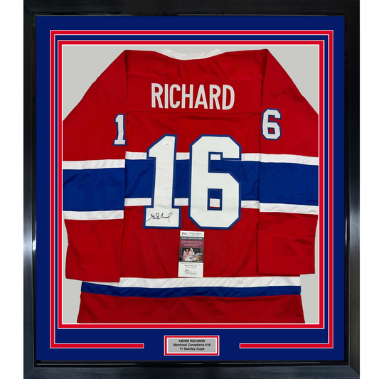 Framed Autographed/Signed Henri Richard 35x39 Montreal Red Hockey Jersey JSA COA