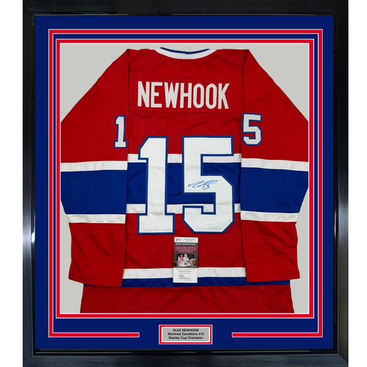 Framed Autographed/Signed Alex Newhook 35x39 Montreal Red Hockey Jersey JSA COA