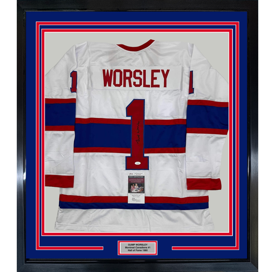 Framed Autographed/Signed Gump Worsley 35x39 Montreal White Hockey Jersey JSA COA