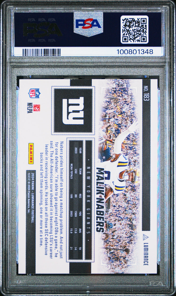 Graded 2024 Panini Luminance Malik Nabers #183 Gold #/299 Rookie RC Football Card PSA 10 Gem Mint