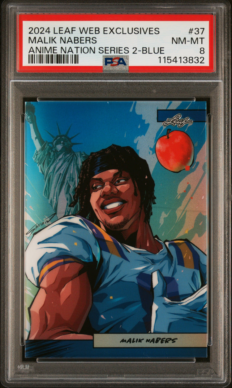 Graded 2024 Leaf Web Exclusives Malik Nabers #37 Anime Nation Series 2 Blue /75 Football Card PSA 8 Near Mint