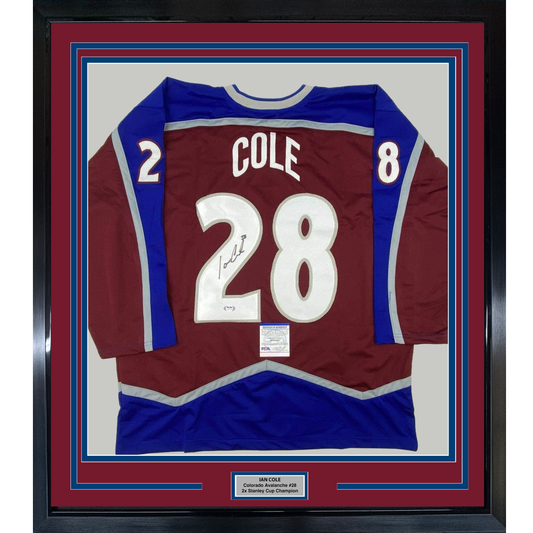 Framed Autographed/Signed Ian Cole 35x39 Colorado Maroon Hockey Jersey PSA/DNA COA