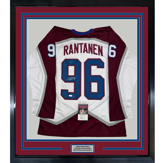 Framed Autographed/Signed Mikko Rantanen 35x39 Colorado White Hockey Jersey JSA COA