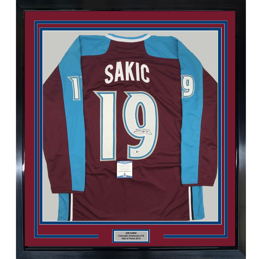 Framed Autographed/Signed Joe Sakic 35x39 Colorado Maroon Hockey Jersey Beckett BAS COA