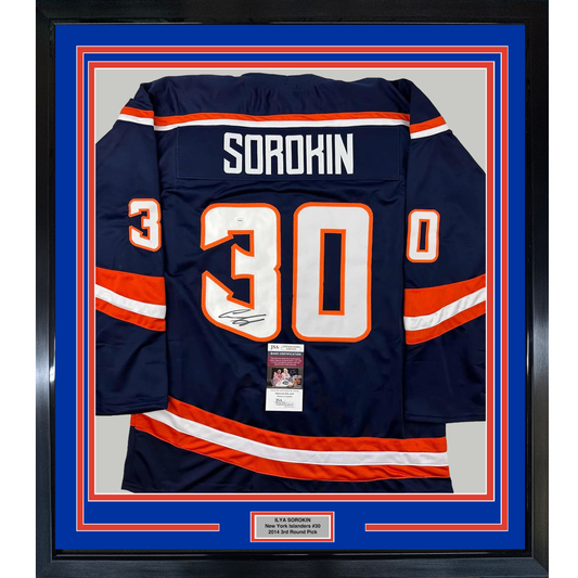 Framed Autographed/Signed Ilya Sorokin 35x39 New York Blue Reverse Retro Hockey Jersey JSA COA
