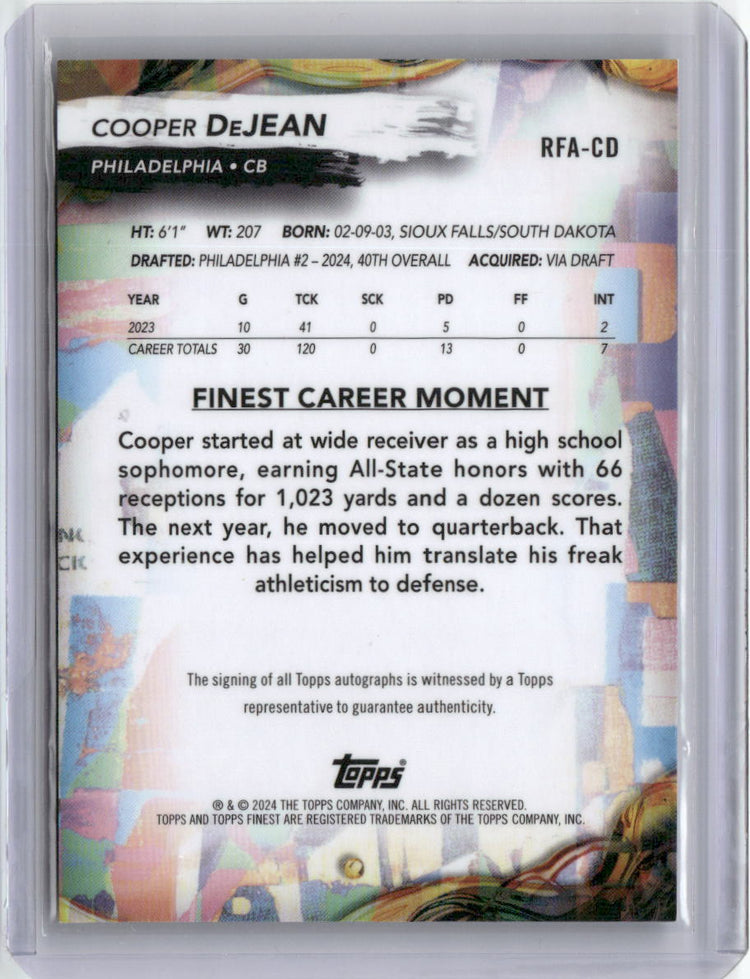 2024 Topps Finest Blue Refractor Cooper DeJean #RFA-CD /99 Auto Rookie RC Football Card