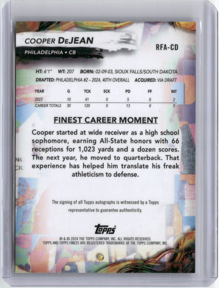 2024 Topps Finest Cooper DeJean #RFA-CD Auto Rookie RC Football Card