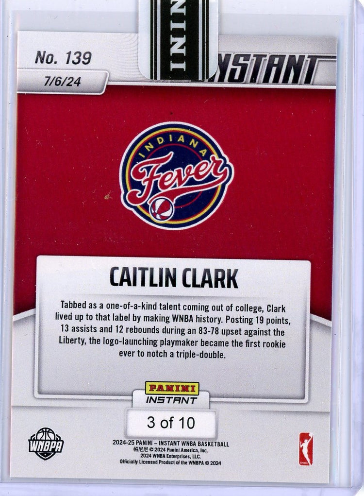 2024 Panini Instant Caitlin Clark #139 First Rookie Triple Double Jaguar #/10 Rookie RC Basketball Card