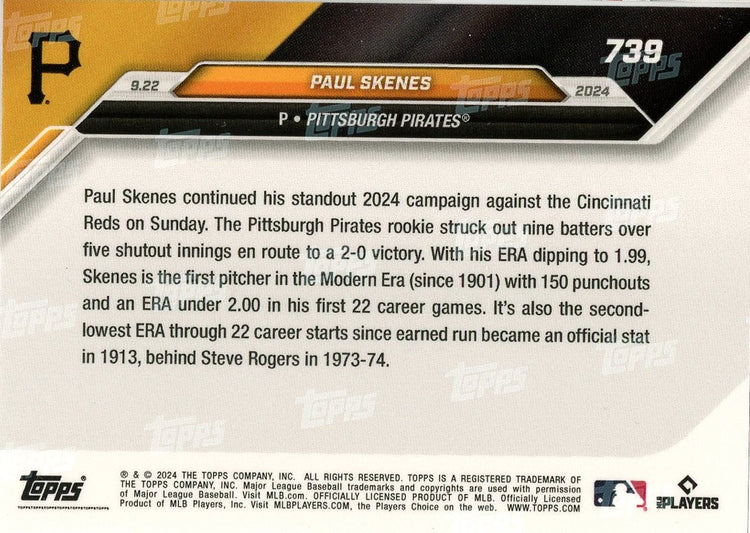 2024 Topps Now Paul Skenes #739 Blue #/49 Pittsburgh Pirates Rookie RC Baseball Card