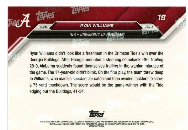 2024 Topps Bowman U Now Ryan Williams #19 Blue #/49 Alabama Crimson Tide Rookie RC Football Card
