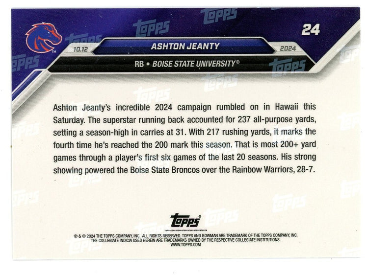 2024 Topps Bowman U Now Ashton Jeanty #24 Purple #/25 Boise State Broncos Rookie RC Football Card